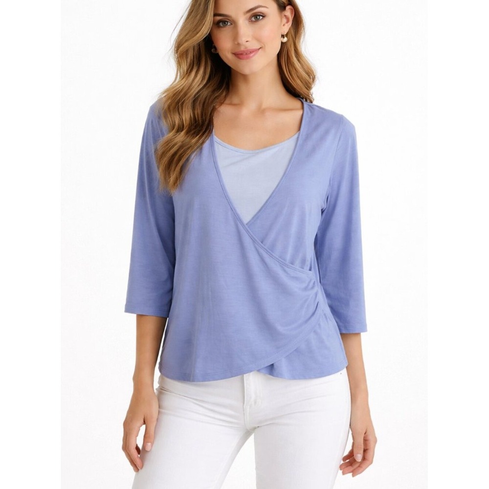 By Design Blue Combo Surplice Tee Top Crossover Mock 2 Piece S 3/4 Sleeve NWT
